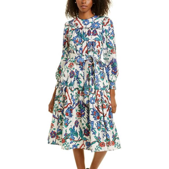 Tory Burch Porcelain Thistle Floral Quilted Yoke Midi Dress SZ 14 NWT - Picture 1 of 11
